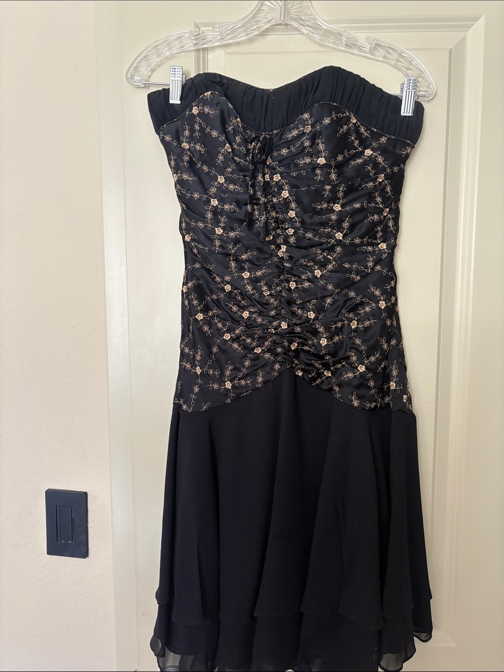 Betsey Johnson Black Strapless Ruched Dress with Gold Floral Accents